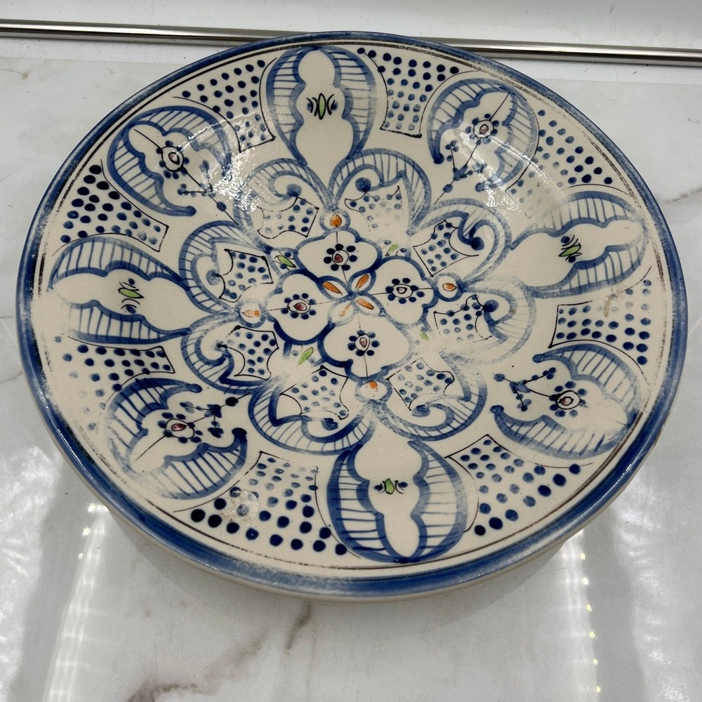 Foreside Serving Bowl Blue White Ceramic Hand Painted Mandala 13.5 Inch